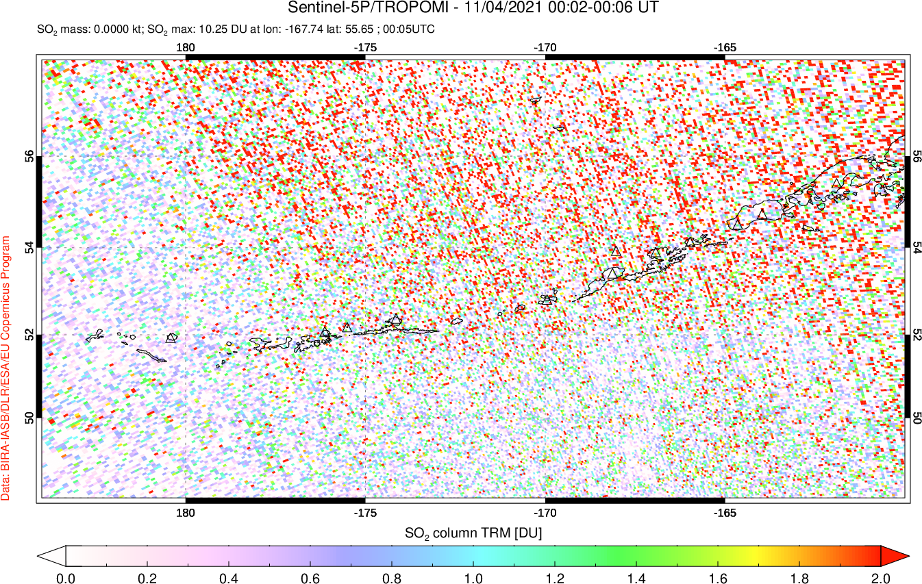A sulfur dioxide image over Aleutian Islands, Alaska, USA on Nov 04, 2021.