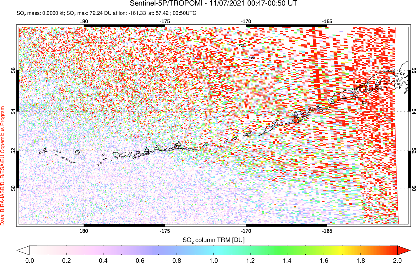 A sulfur dioxide image over Aleutian Islands, Alaska, USA on Nov 07, 2021.