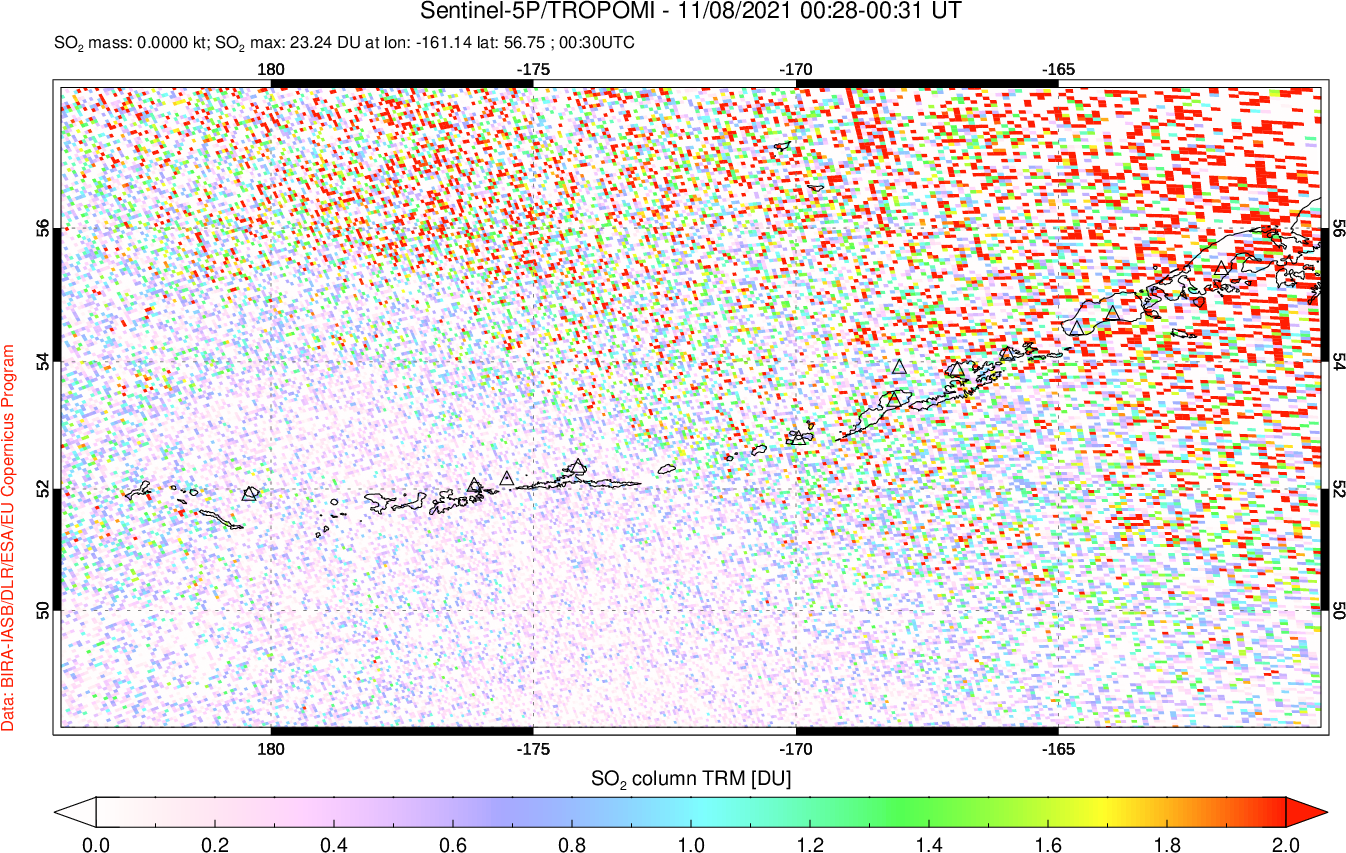 A sulfur dioxide image over Aleutian Islands, Alaska, USA on Nov 08, 2021.