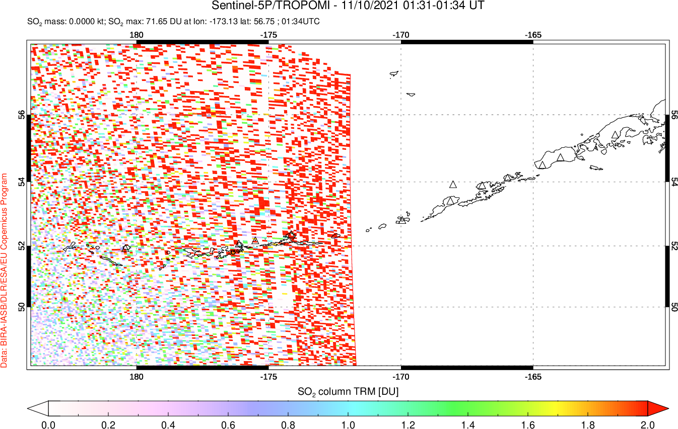 A sulfur dioxide image over Aleutian Islands, Alaska, USA on Nov 10, 2021.