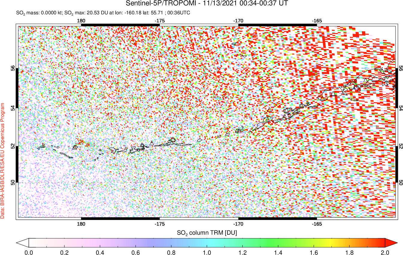 A sulfur dioxide image over Aleutian Islands, Alaska, USA on Nov 13, 2021.