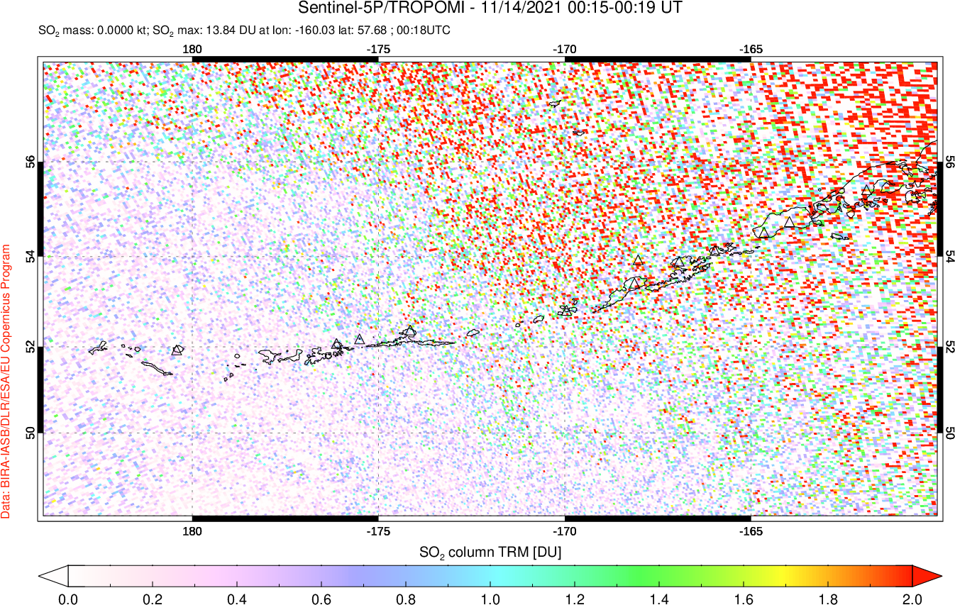 A sulfur dioxide image over Aleutian Islands, Alaska, USA on Nov 14, 2021.