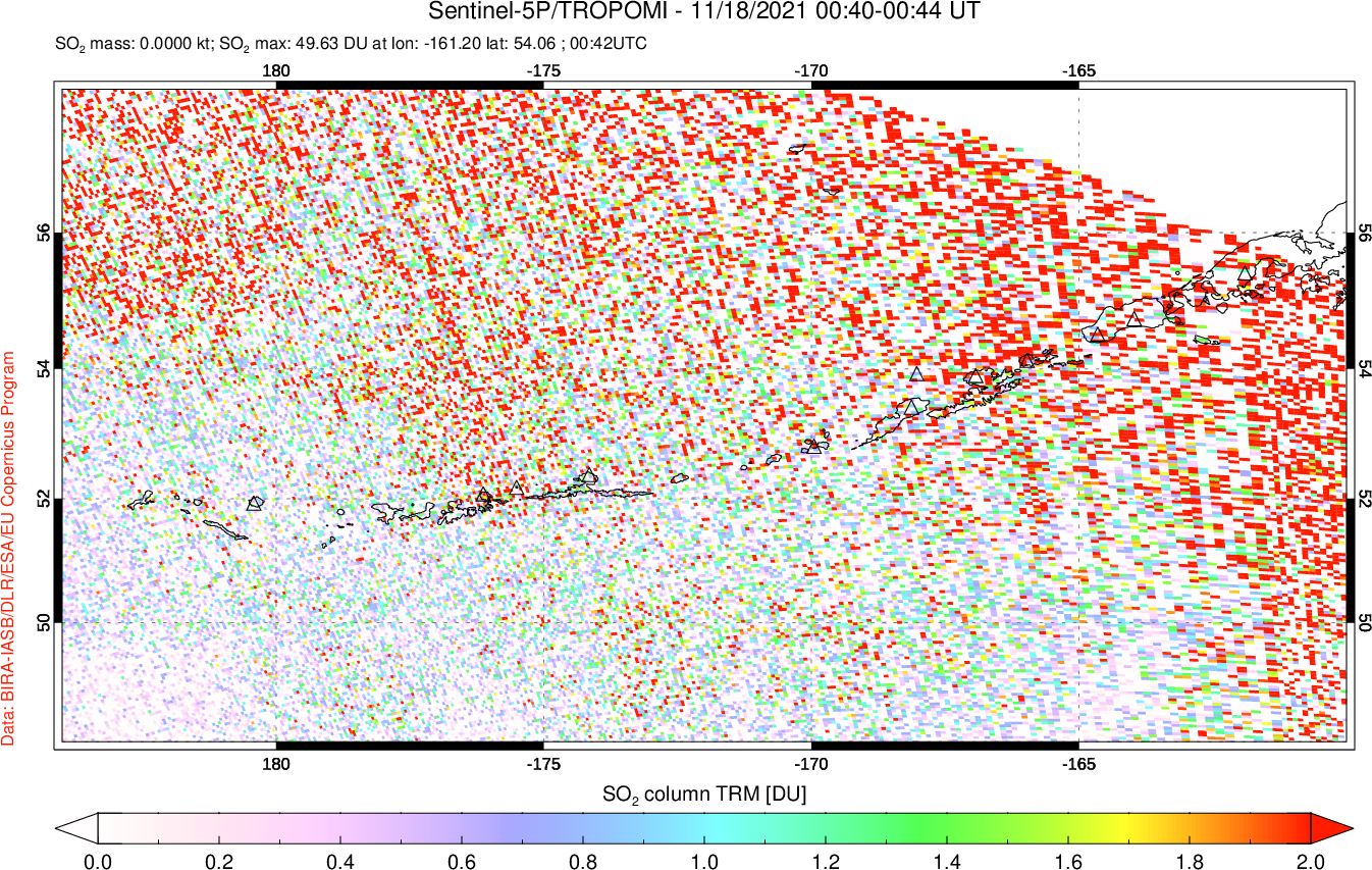 A sulfur dioxide image over Aleutian Islands, Alaska, USA on Nov 18, 2021.