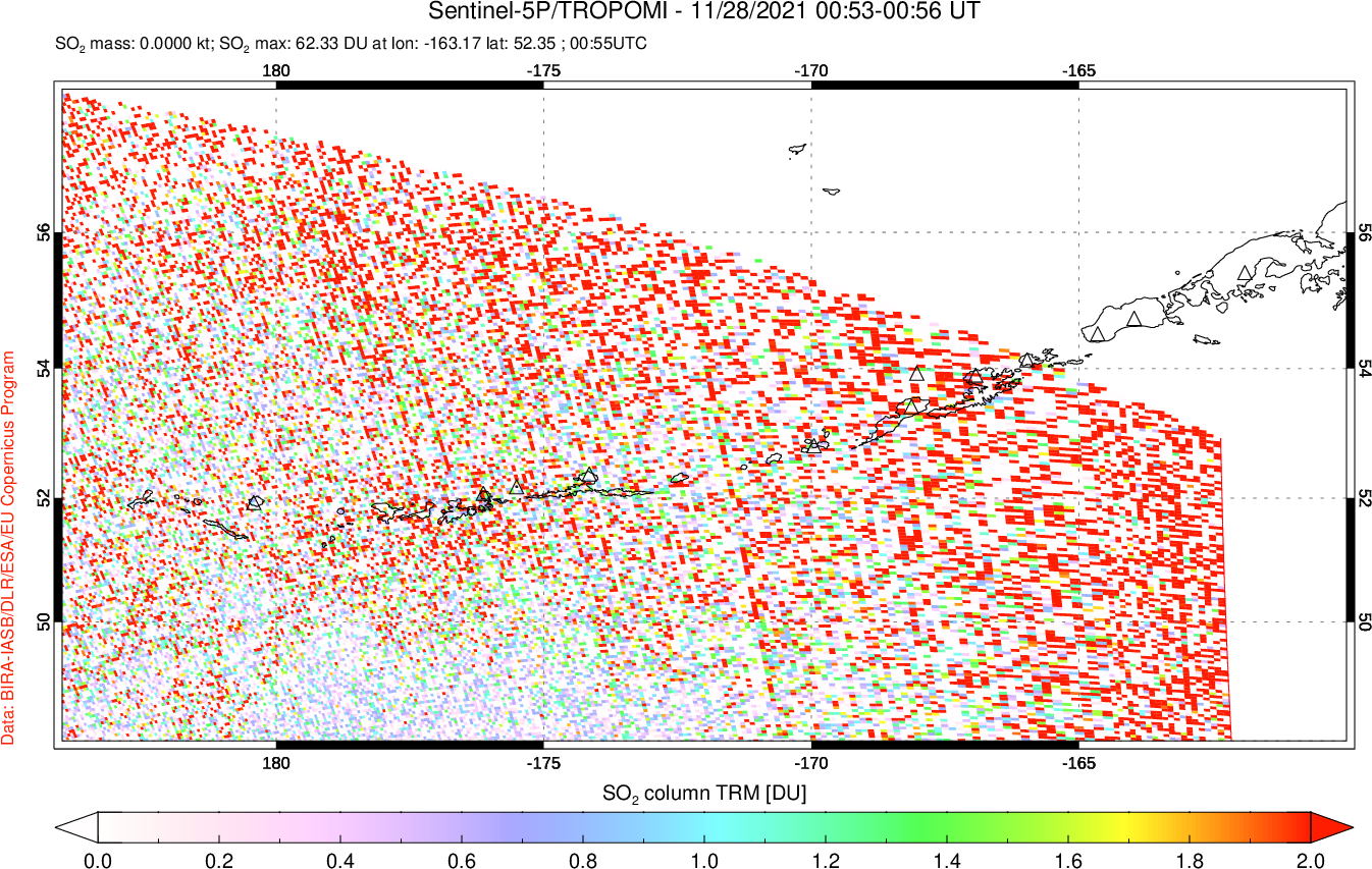 A sulfur dioxide image over Aleutian Islands, Alaska, USA on Nov 28, 2021.