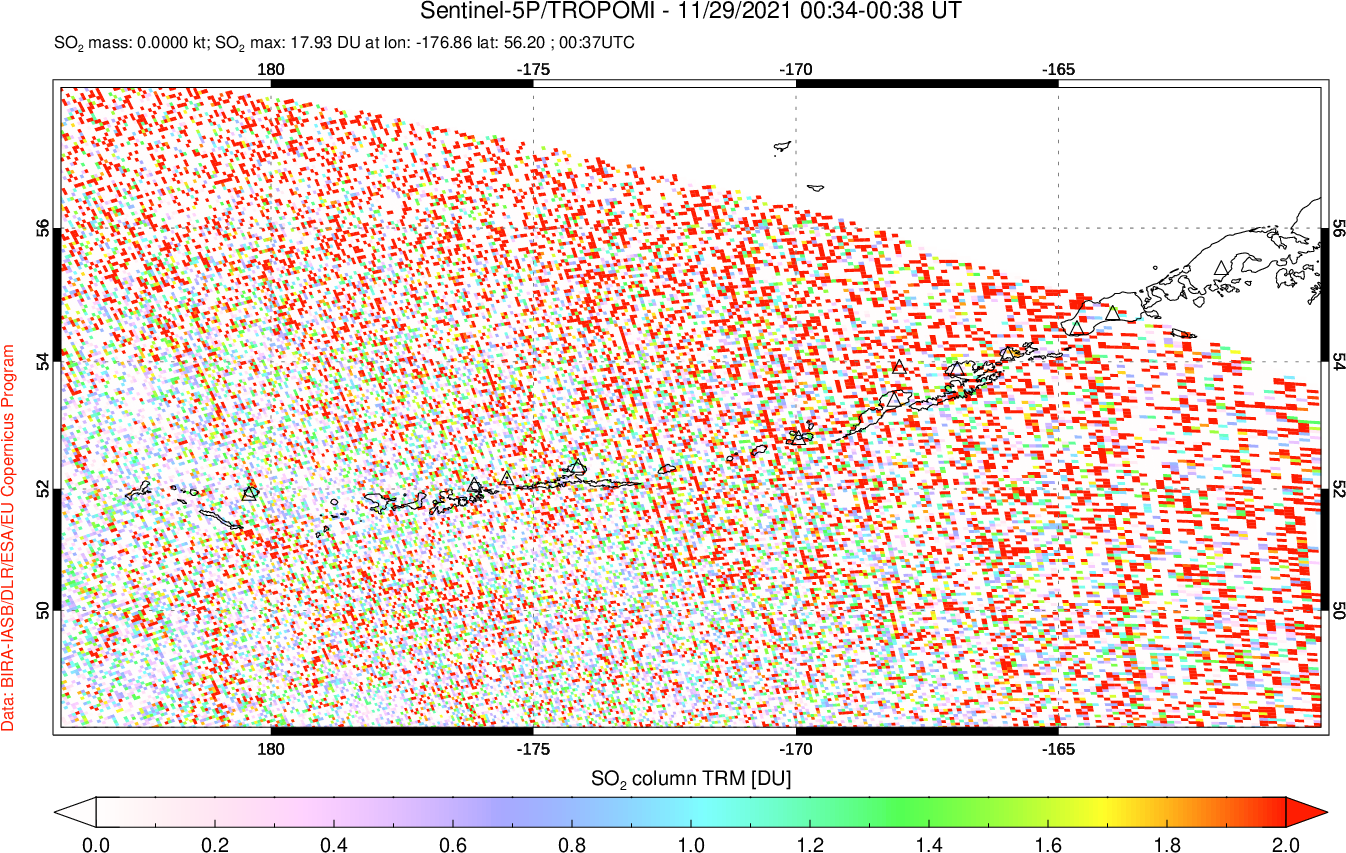A sulfur dioxide image over Aleutian Islands, Alaska, USA on Nov 29, 2021.