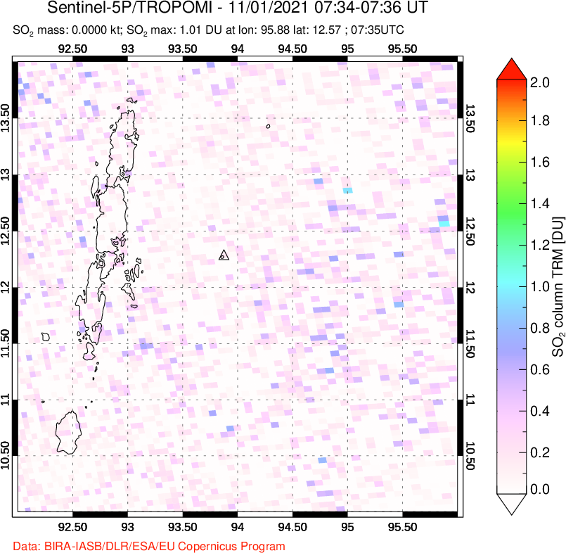 A sulfur dioxide image over Andaman Islands, Indian Ocean on Nov 01, 2021.