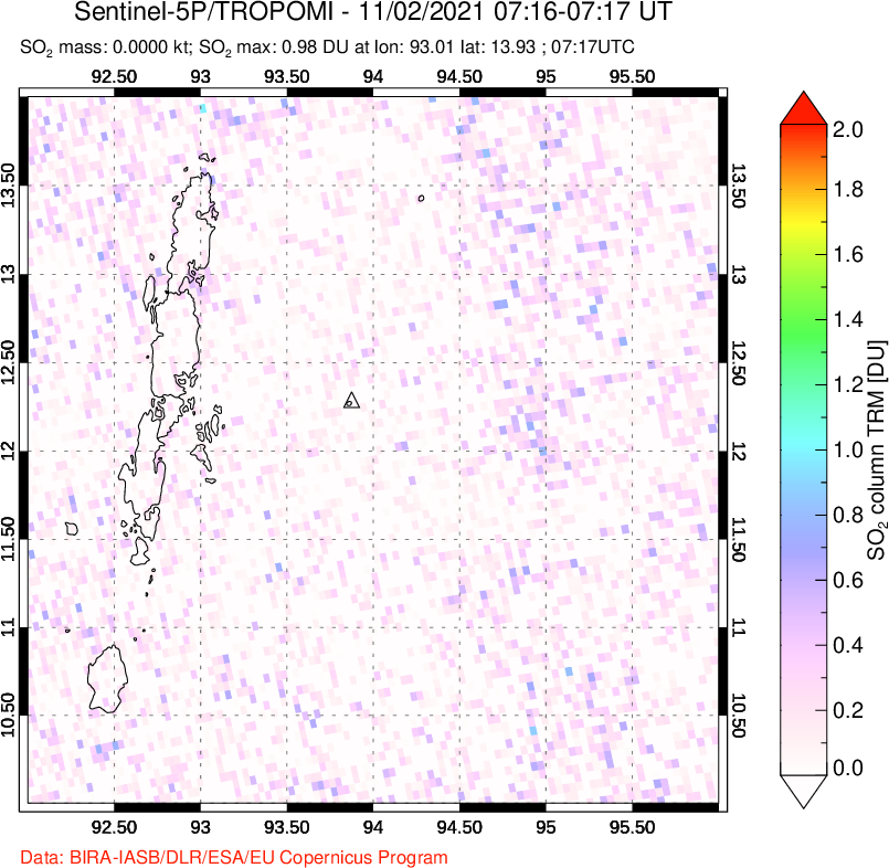 A sulfur dioxide image over Andaman Islands, Indian Ocean on Nov 02, 2021.