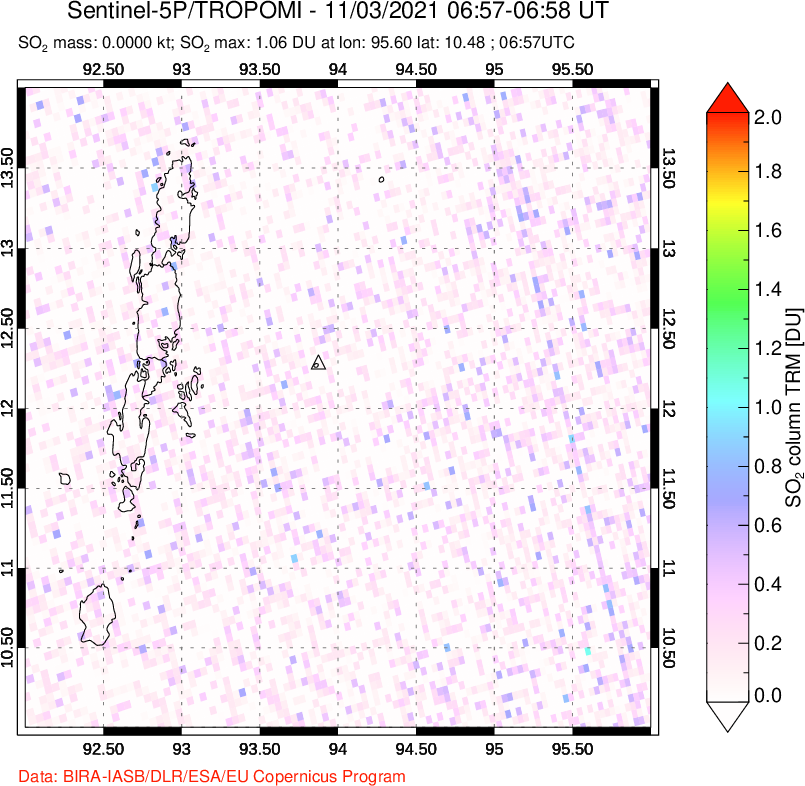 A sulfur dioxide image over Andaman Islands, Indian Ocean on Nov 03, 2021.