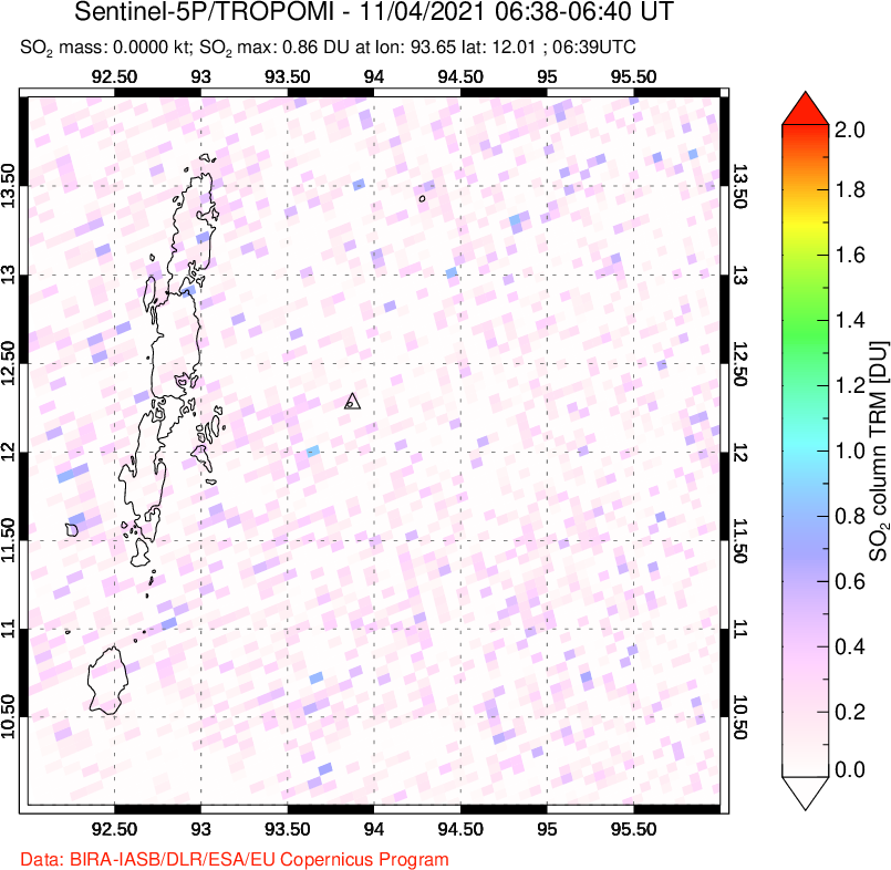 A sulfur dioxide image over Andaman Islands, Indian Ocean on Nov 04, 2021.