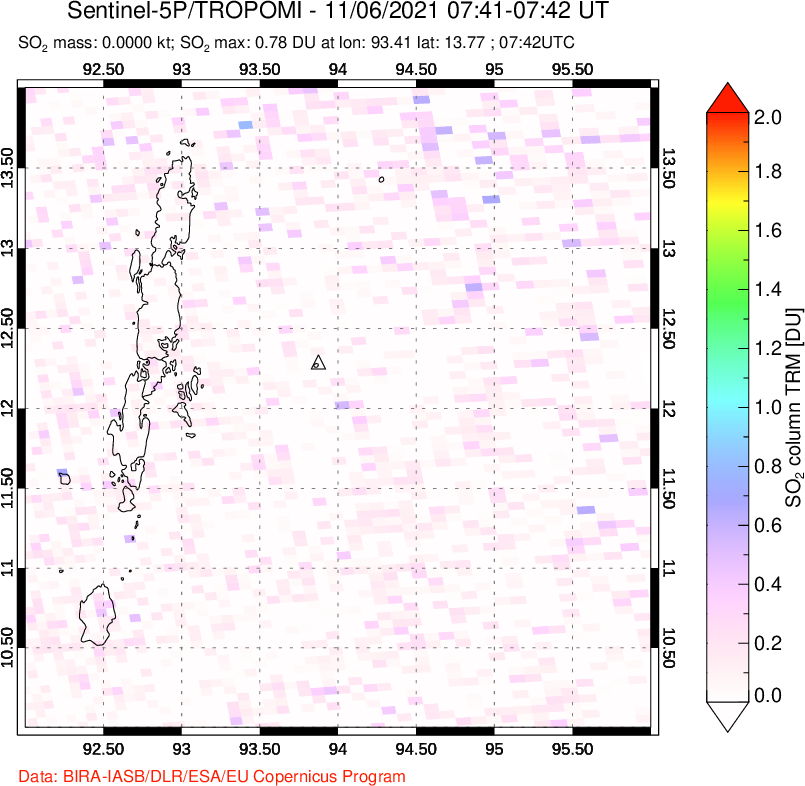 A sulfur dioxide image over Andaman Islands, Indian Ocean on Nov 06, 2021.