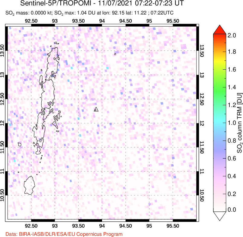 A sulfur dioxide image over Andaman Islands, Indian Ocean on Nov 07, 2021.