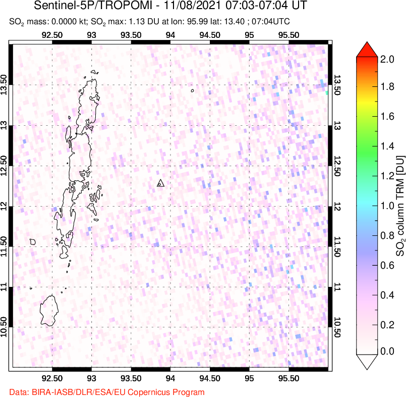 A sulfur dioxide image over Andaman Islands, Indian Ocean on Nov 08, 2021.