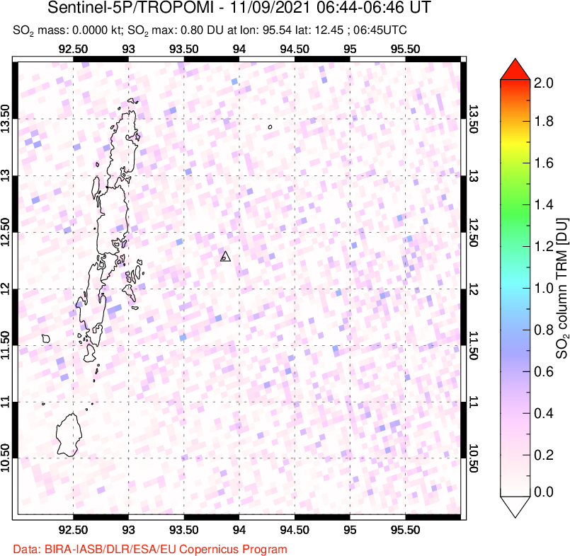 A sulfur dioxide image over Andaman Islands, Indian Ocean on Nov 09, 2021.