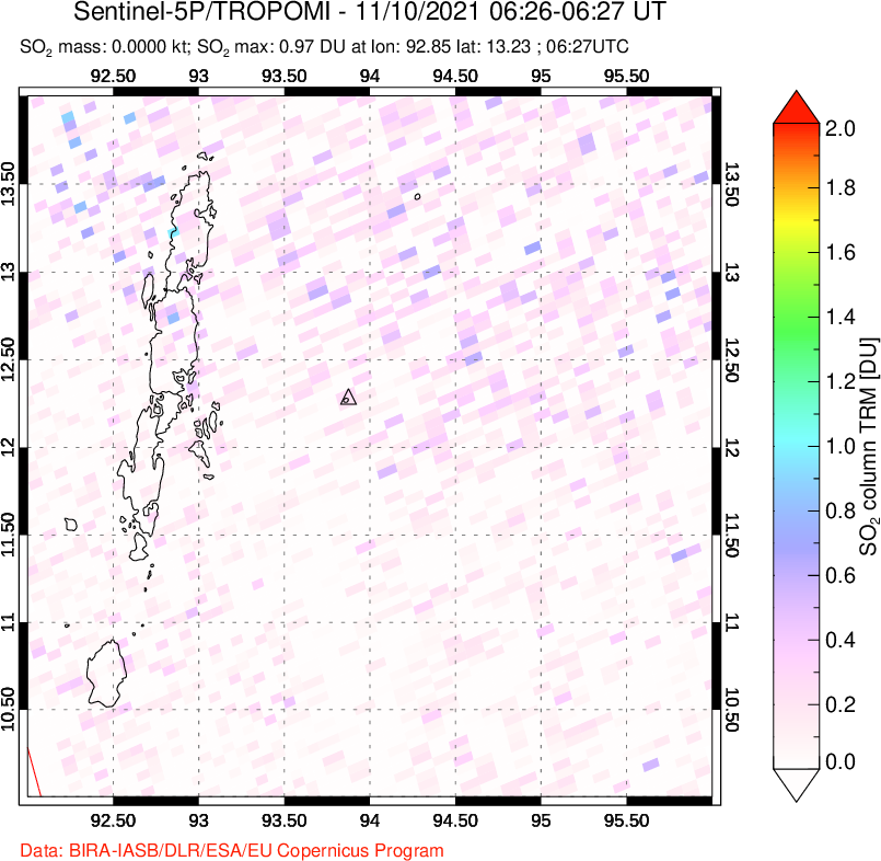 A sulfur dioxide image over Andaman Islands, Indian Ocean on Nov 10, 2021.
