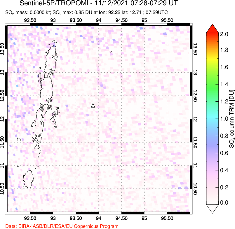 A sulfur dioxide image over Andaman Islands, Indian Ocean on Nov 12, 2021.