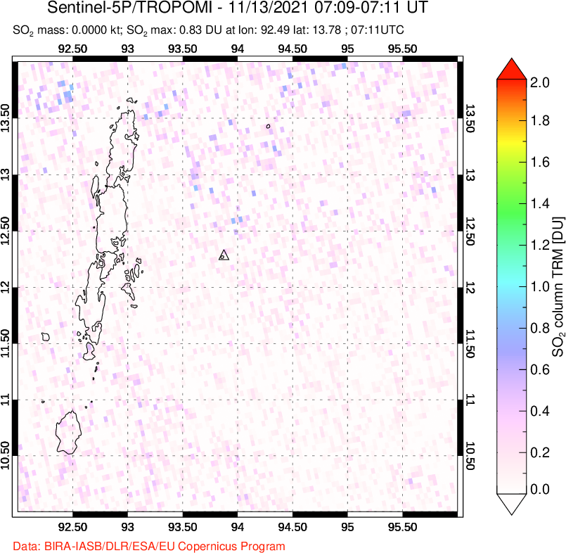 A sulfur dioxide image over Andaman Islands, Indian Ocean on Nov 13, 2021.