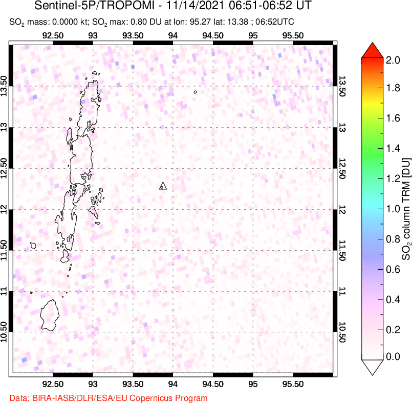 A sulfur dioxide image over Andaman Islands, Indian Ocean on Nov 14, 2021.