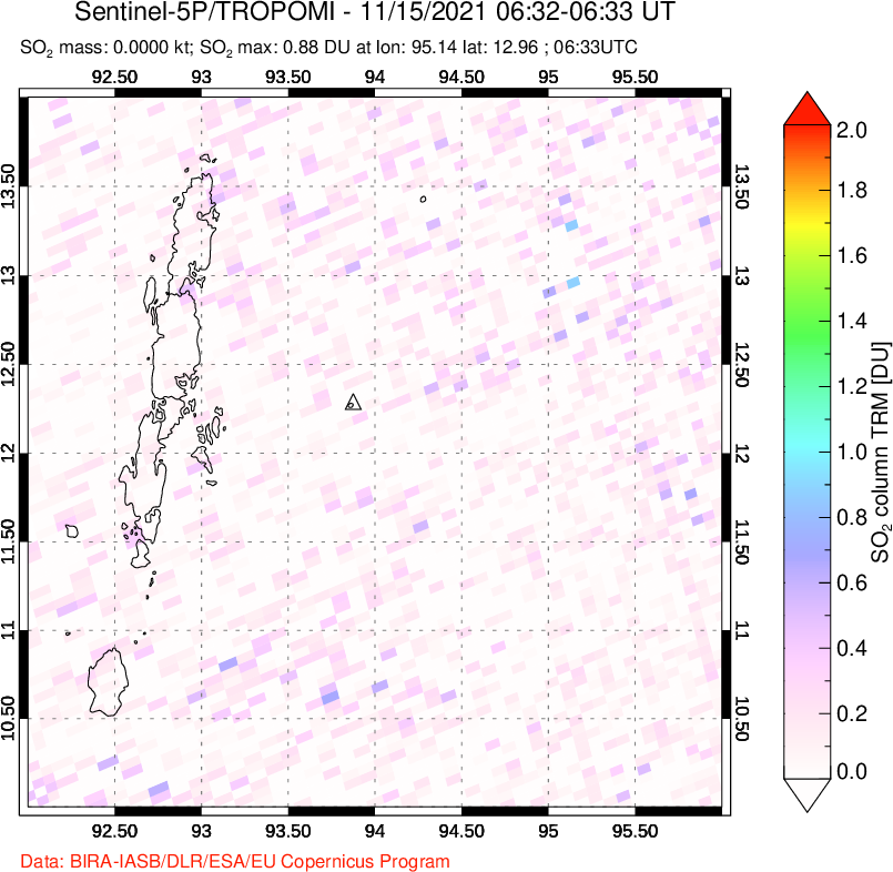 A sulfur dioxide image over Andaman Islands, Indian Ocean on Nov 15, 2021.