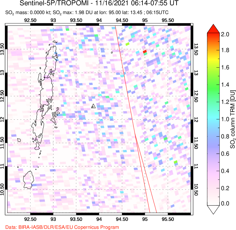 A sulfur dioxide image over Andaman Islands, Indian Ocean on Nov 16, 2021.