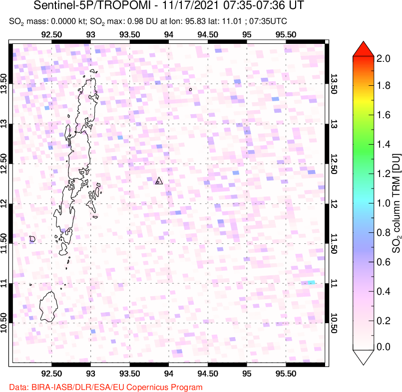 A sulfur dioxide image over Andaman Islands, Indian Ocean on Nov 17, 2021.