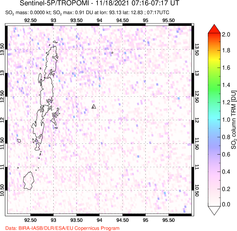A sulfur dioxide image over Andaman Islands, Indian Ocean on Nov 18, 2021.