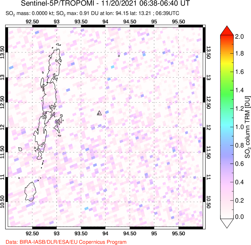 A sulfur dioxide image over Andaman Islands, Indian Ocean on Nov 20, 2021.