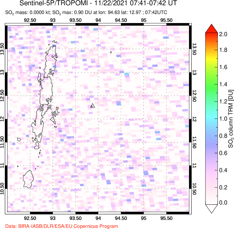 A sulfur dioxide image over Andaman Islands, Indian Ocean on Nov 22, 2021.