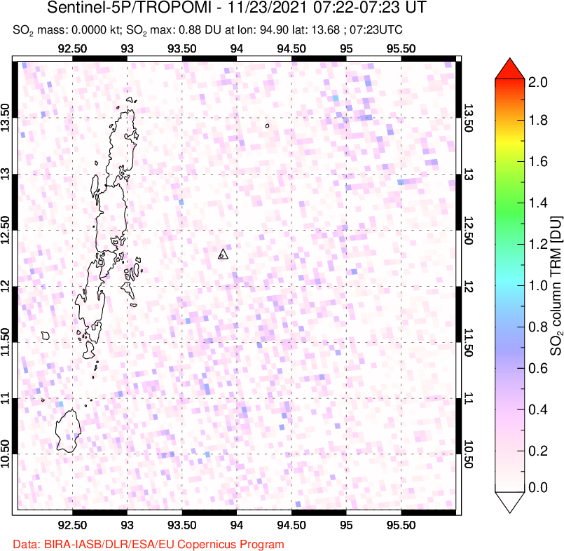 A sulfur dioxide image over Andaman Islands, Indian Ocean on Nov 23, 2021.