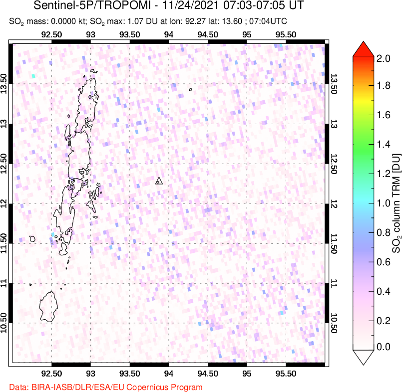 A sulfur dioxide image over Andaman Islands, Indian Ocean on Nov 24, 2021.