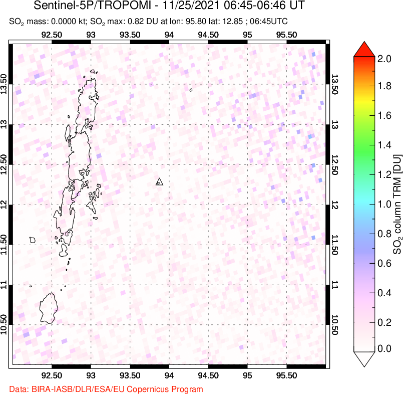 A sulfur dioxide image over Andaman Islands, Indian Ocean on Nov 25, 2021.