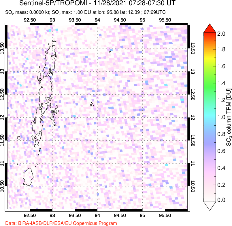 A sulfur dioxide image over Andaman Islands, Indian Ocean on Nov 28, 2021.