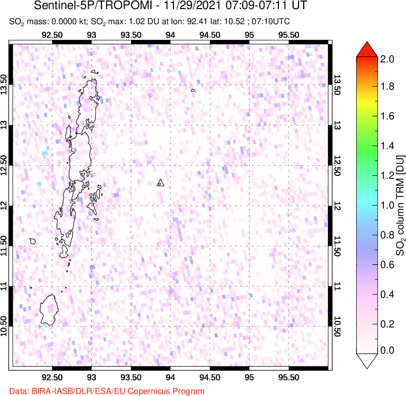 A sulfur dioxide image over Andaman Islands, Indian Ocean on Nov 29, 2021.