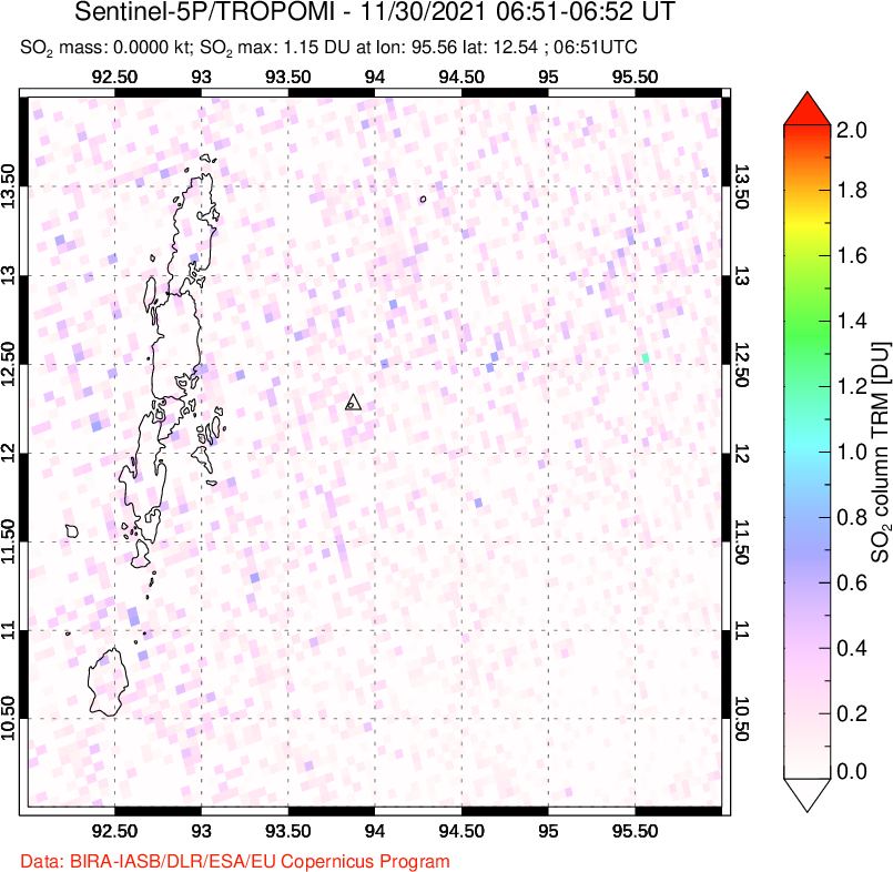 A sulfur dioxide image over Andaman Islands, Indian Ocean on Nov 30, 2021.