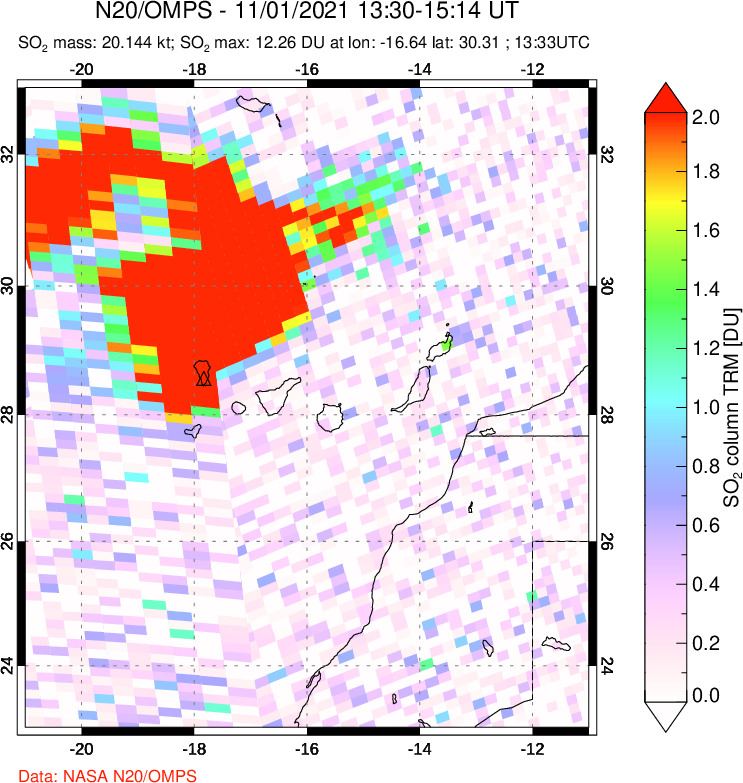 A sulfur dioxide image over Canary Islands on Nov 01, 2021.