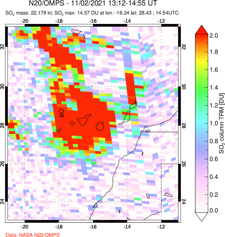 A sulfur dioxide image over Canary Islands on Nov 02, 2021.