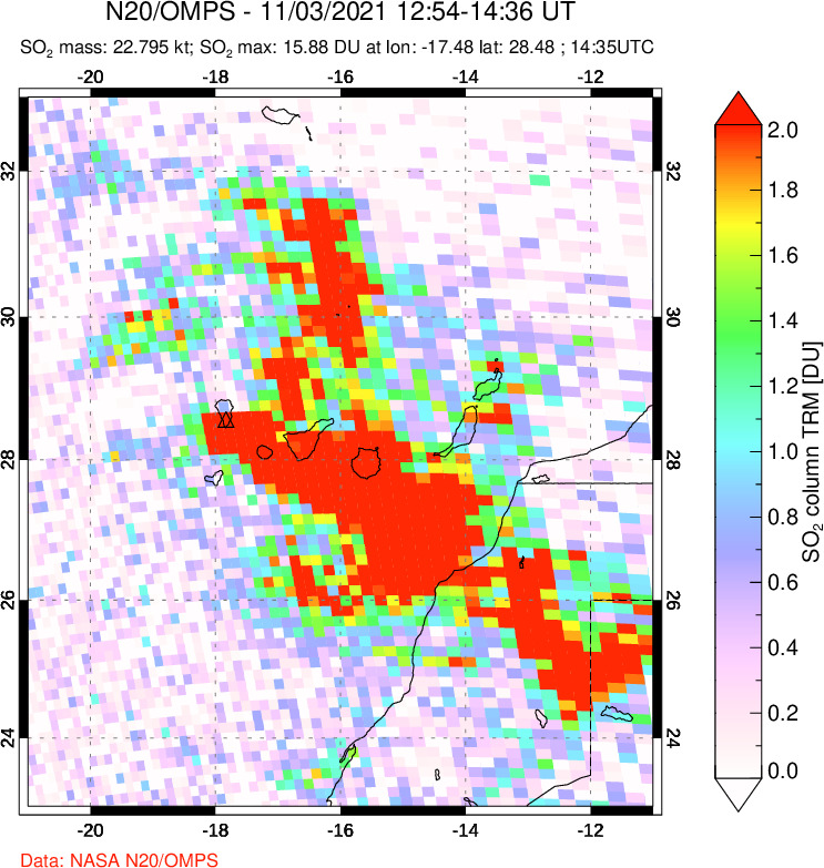 A sulfur dioxide image over Canary Islands on Nov 03, 2021.