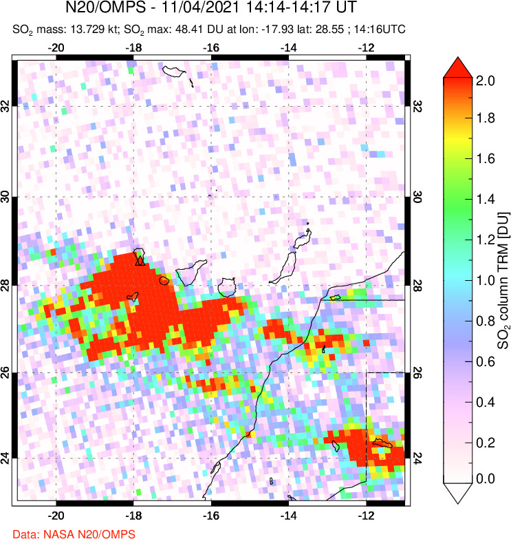 A sulfur dioxide image over Canary Islands on Nov 04, 2021.