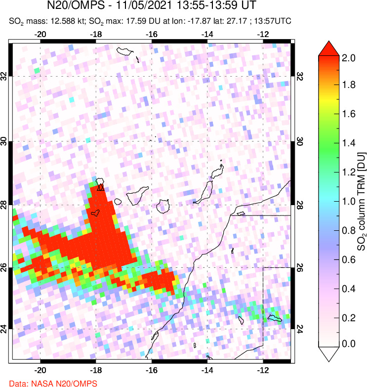 A sulfur dioxide image over Canary Islands on Nov 05, 2021.