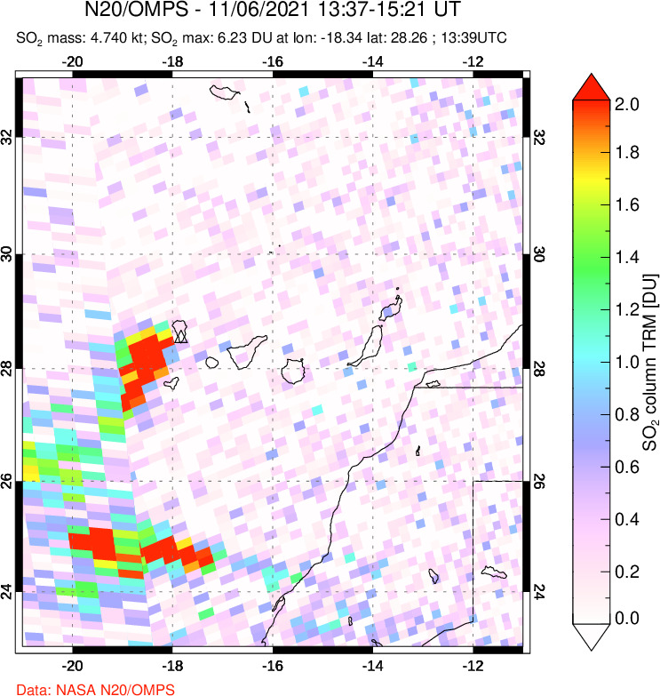 A sulfur dioxide image over Canary Islands on Nov 06, 2021.