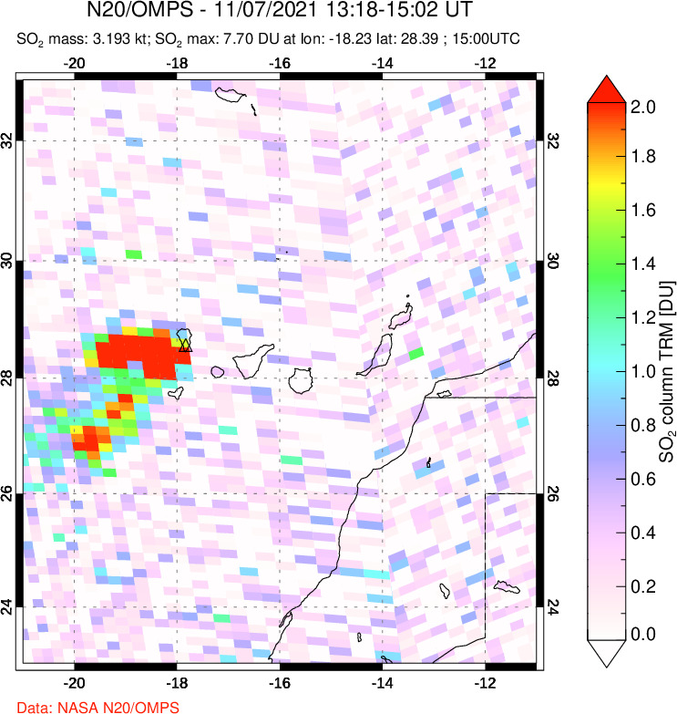 A sulfur dioxide image over Canary Islands on Nov 07, 2021.