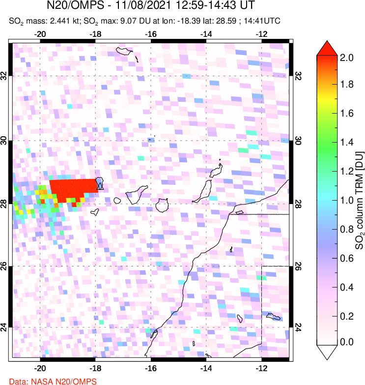 A sulfur dioxide image over Canary Islands on Nov 08, 2021.