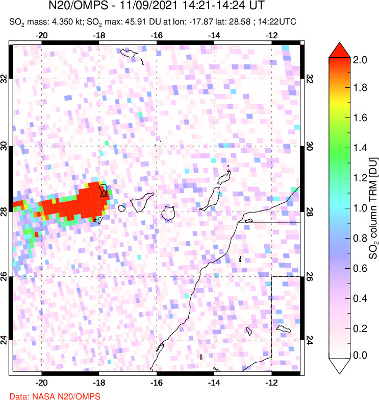 A sulfur dioxide image over Canary Islands on Nov 09, 2021.