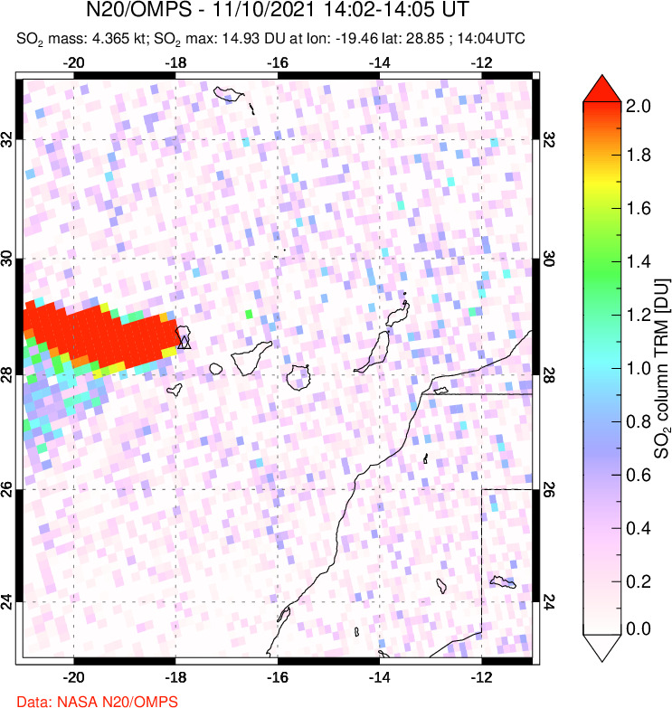 A sulfur dioxide image over Canary Islands on Nov 10, 2021.