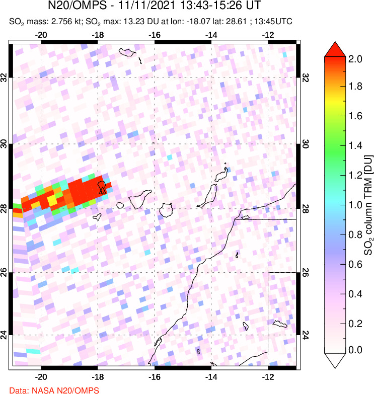 A sulfur dioxide image over Canary Islands on Nov 11, 2021.