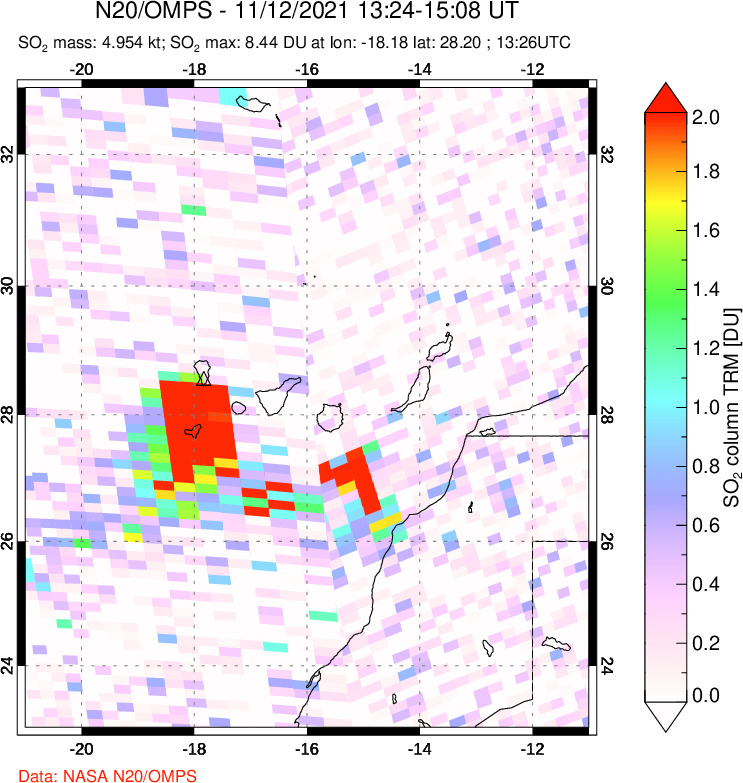 A sulfur dioxide image over Canary Islands on Nov 12, 2021.