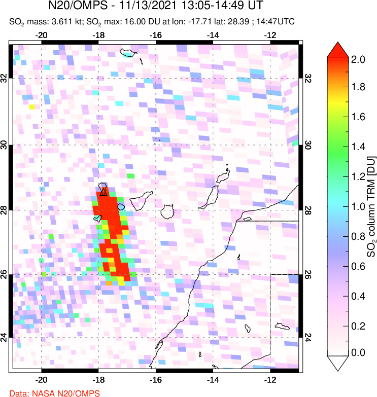 A sulfur dioxide image over Canary Islands on Nov 13, 2021.