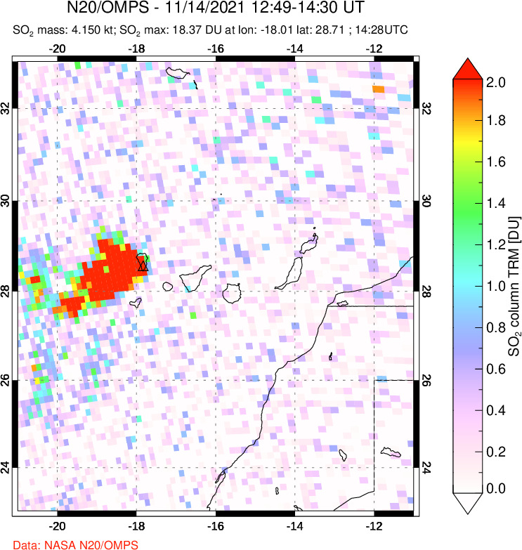 A sulfur dioxide image over Canary Islands on Nov 14, 2021.