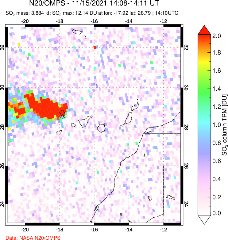 A sulfur dioxide image over Canary Islands on Nov 15, 2021.