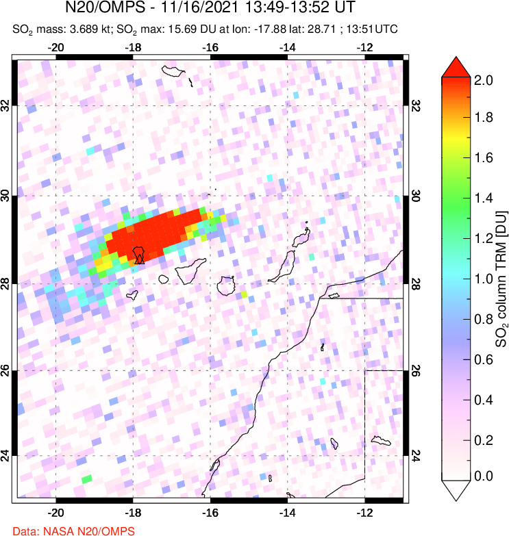 A sulfur dioxide image over Canary Islands on Nov 16, 2021.