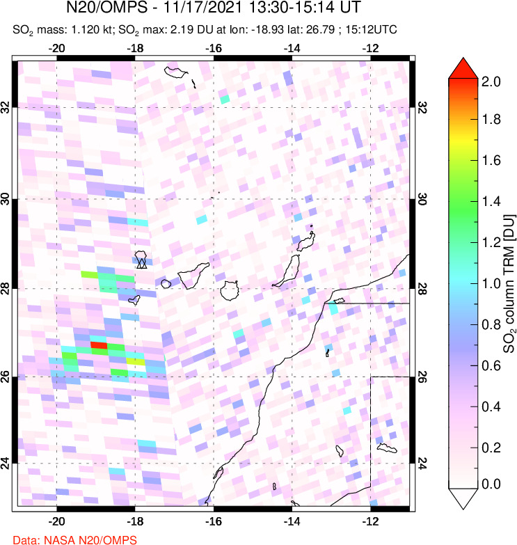 A sulfur dioxide image over Canary Islands on Nov 17, 2021.